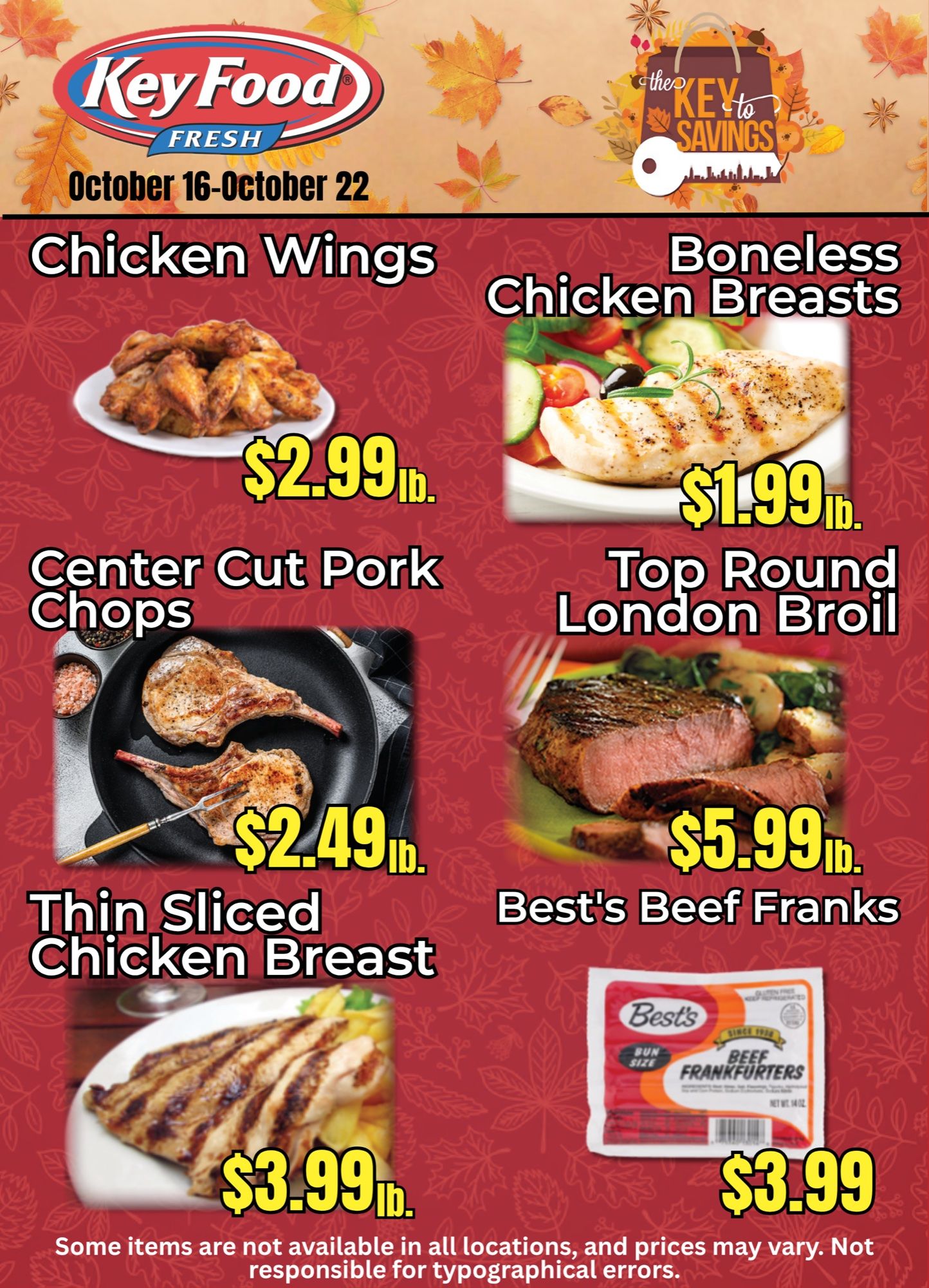Key Food weekly circular, page 1: meat and poultry specials under an autumn-leaves banner.