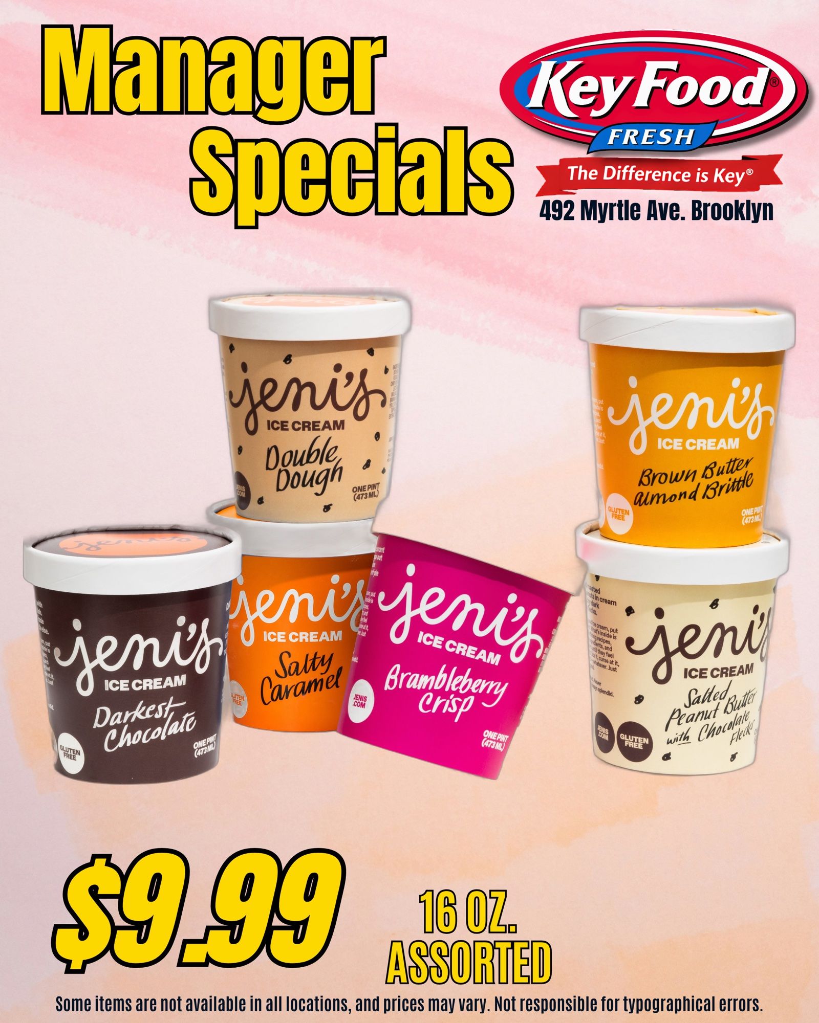 Manager Specials flyer: six Jeni's ice cream pints on a pink wash, $9.99