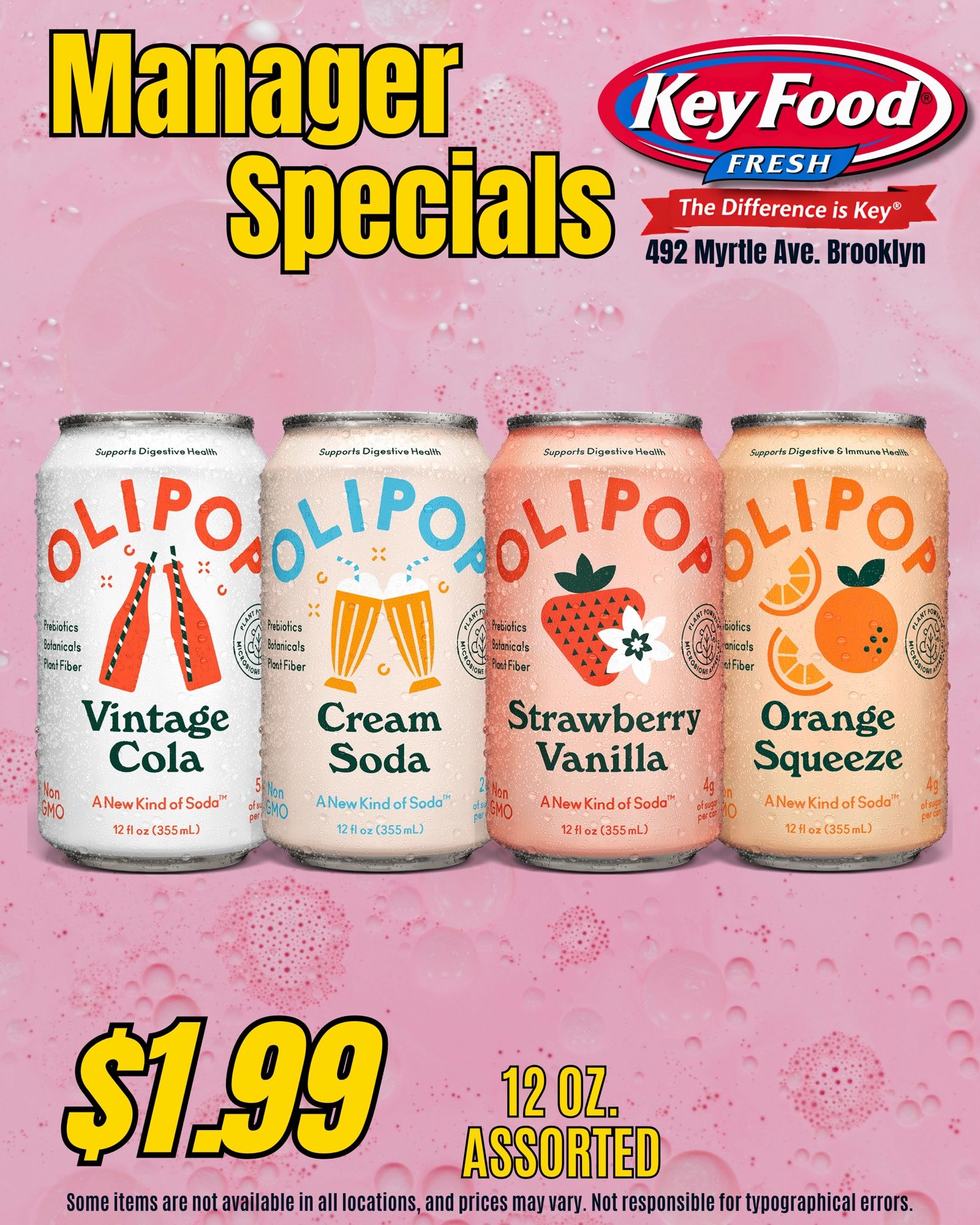 Manager Specials flyer: four Olipop cans on pink bubbles, $1.99