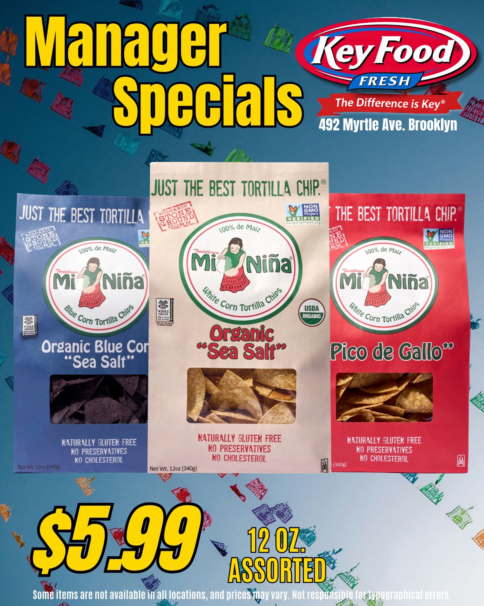 Manager Specials flyer: three Mi Niña tortilla chip bags over papel picado, $5.99