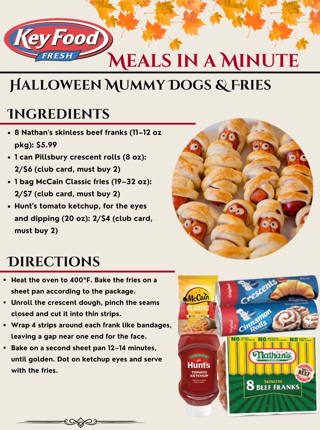 Meals in a Minute flyer: Halloween Mummy Dogs & Fries with ingredient prices and directions